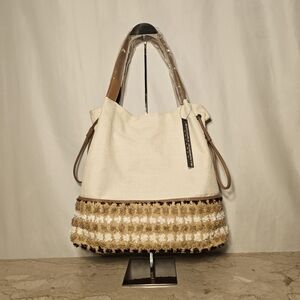 NWT Sondra Roberts Squared Womens Woven Travel Tote Shoulder Bag Rafia Dotted